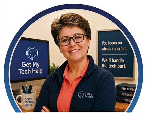 Suzana Muller, founder of Get My Tech Help, smiling in her home office
